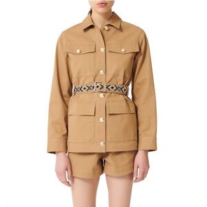Maje Gipure Twill Utility Southwestern Beaded Belt Safari Jacket Tan Small